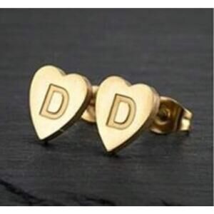 Letter D initial gold heart mini stud earrings